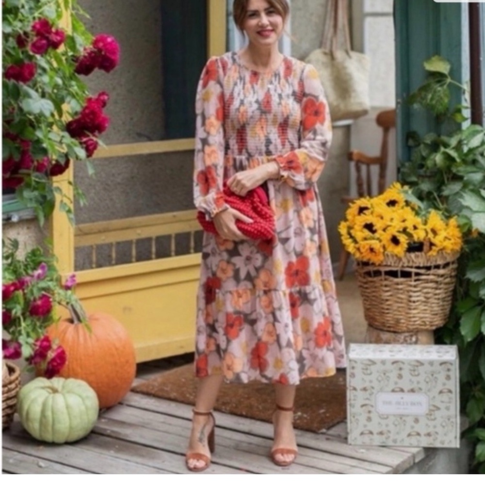 Floral Smocked Midi Dress in Peach and Coral Hues